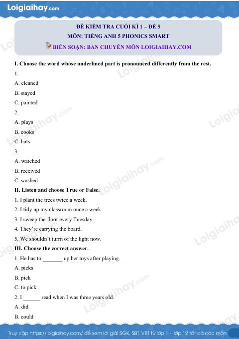 Đề thi học kì 1 Tiếng Anh 5 Phonics Smart - Đề số 5